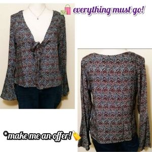 💖V-Neck Cropped Blouse w Tie & Flared Sleeves